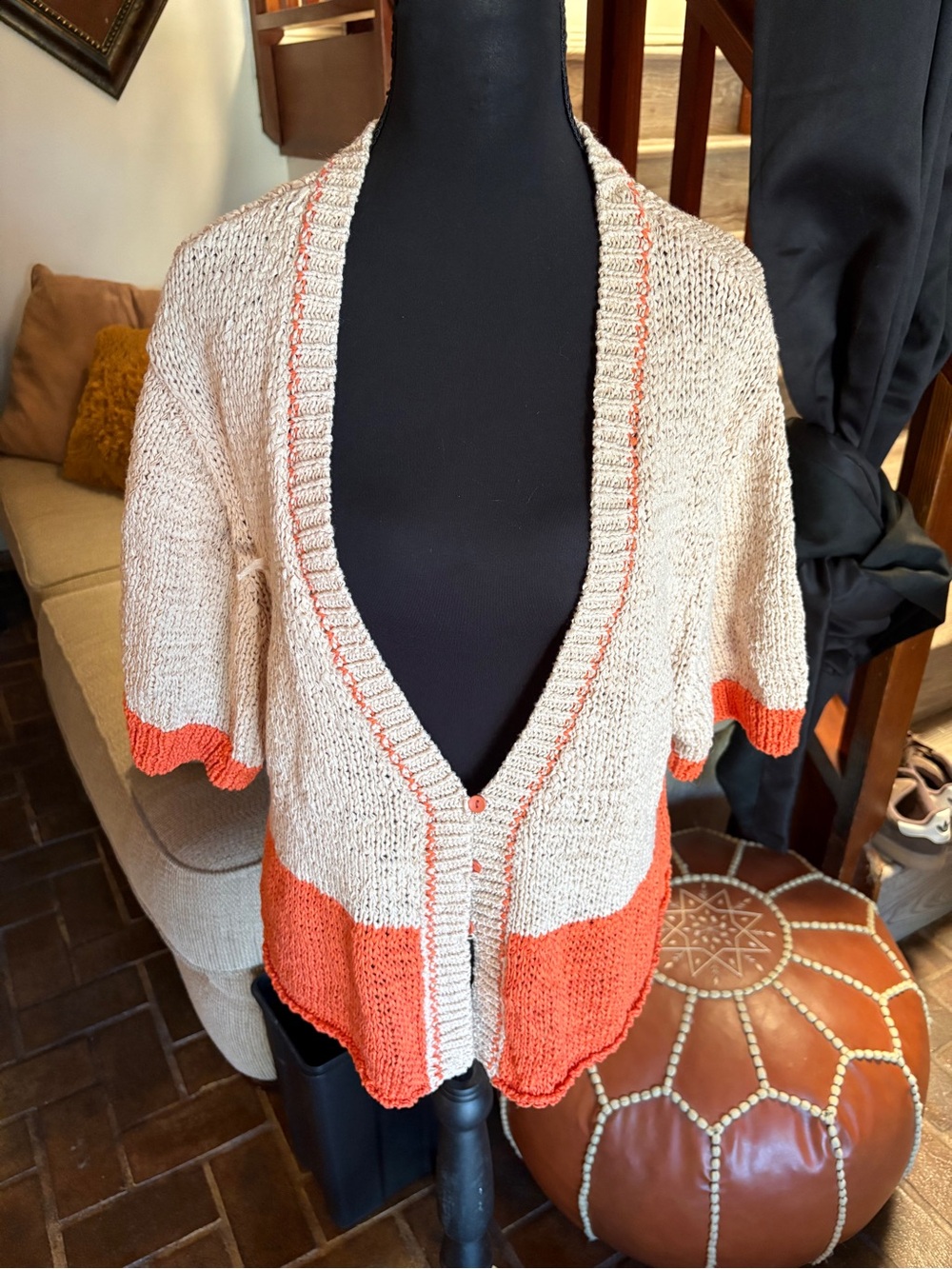 Beige and Coral Open-Front Knit Women's Sweater Cardigan